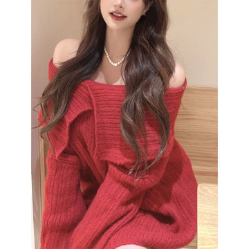 Getadme-Autumn Design Sexy White Knitted Sweater Women Long Sleeve Pure Color Korean Fashion Y2k Clothing Elegant Pullover Female